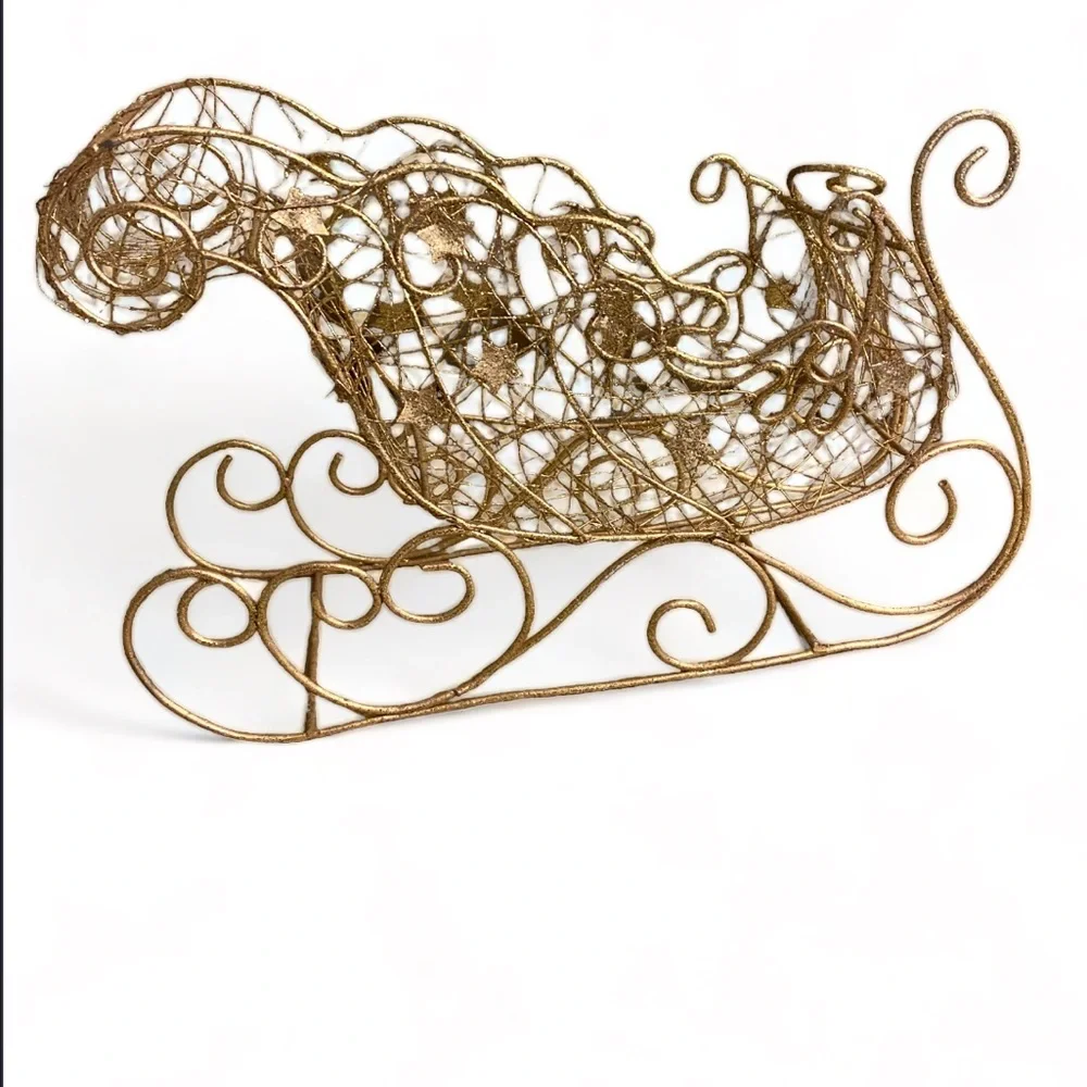 Gold Glitter Santa Sleigh Christmas Decor Ornament Centerpiece 11”